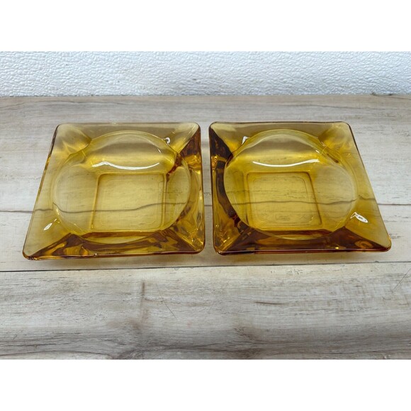 Vintage Amber Glass 4.5 Inch Square Cigarette Ashtarys Set Of 2 - Picture 1 of 8
